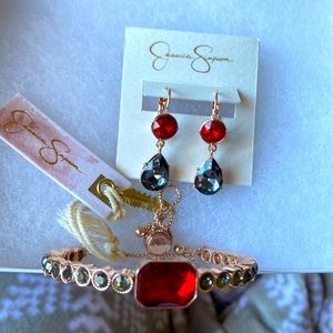 Jessica Simpson Rose gold with Gray/Red matching bracelet and earrings NWT
